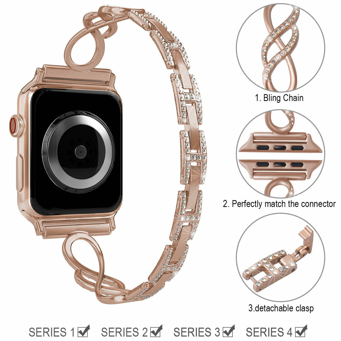 For Apple Watch Series 8 41mm 7 41mm SE Series 6 5 4 SE(2022) 40mm Series 3 2 1 38mm Metal Anti-wear Smart Watch Band Rhinestone Decor Wrist Strap For Apple Watch Series 8 41mm 7 41mm SE Series 6 5 4 SE(2022) 40mm Series 3 2 1 38mm Metal Anti-wear Smart Watch Band Rhinestone Decor Wrist Strap